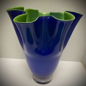 Handkerchief Vase with Cobalt Blue Exterior & Lime Green Interior, Like New